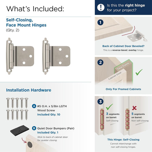 Amerock BPR7630G10 Reverse Bevel Face Mount Cabinet Hinge, Satin Nickel, 1 Pair/2 Pack