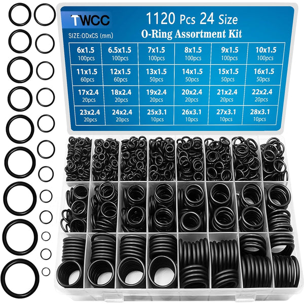 24 Size Rubber O Ring Set, 1120 Pcs Black Small O Rings Assortment Kits for Auto Plumbing Faucet Repair
