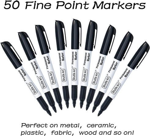 Shuttle Art Permanent Markers, 50 Pack Black Permanent Marker set,Fine Point, Works on Plastic,Wood,Stone,Metal and Glass for Doodling, Marking by Shuttle Art