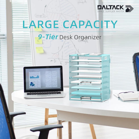 DALTACK 9-Tier Paper Letter Tray Desk Organizer with Handles, Mesh File Holder for Office Home School, Blue