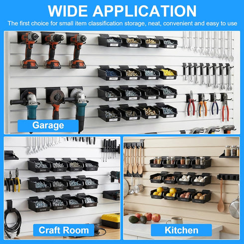COMNICO 12 Pcs Slatwall Bins with Hooks, Plastic Slatwall Organizer Accessories Containers Workbench Bins for Slat Wall