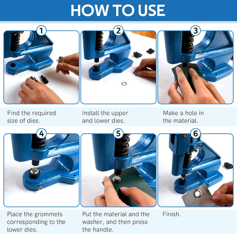 MYFULLY Heavy Duty Hand Press Grommet Machine Kit - Industrial Eyelet Tool with 3 Dies and 1500 Silver Grommets