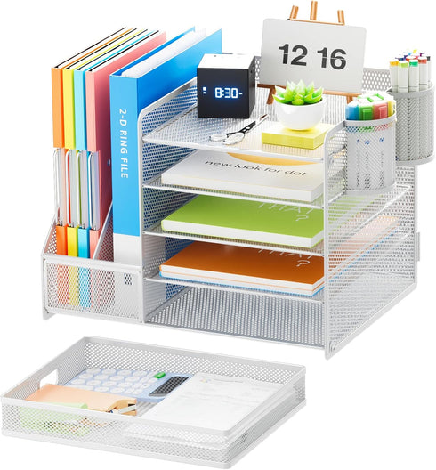 Marbrasse Desk Organizer with File Holder, 5-Tier Paper Letter Tray Organizer with Drawer, White Mesh Desktop Storage