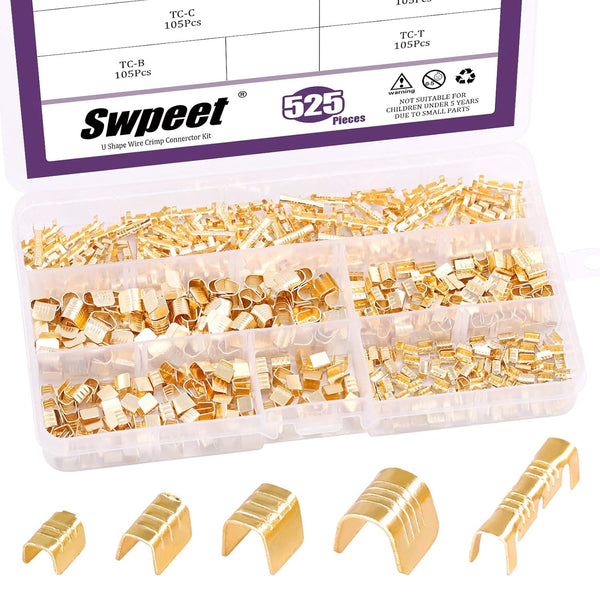 Swpeet 525 Pcs Non-Insulated U Shape Wire Crimp Copper Terminal Connector Kit, Gold TC-1 TC-A TC-B TC-C TC-T, Ring Lugs