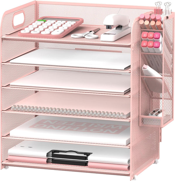 SUPEASY 6 Tier Paper Organizer - 4 Pen Holders, Mesh Desk Organizer Letter Tray with Handle for A4 File Folder