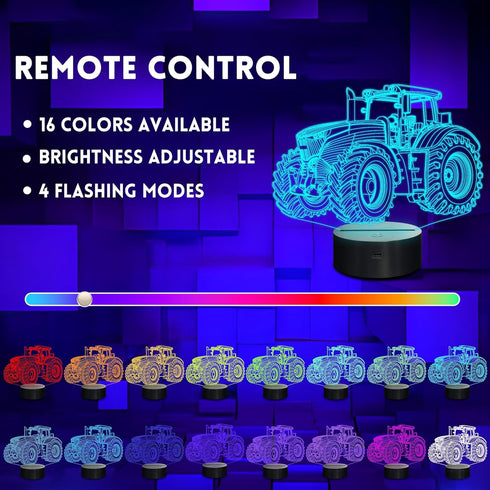 3D 16 Tractor Night Light for Kids, Truck Lover Gifts for Boy Teen, LED Illusion Lamp with Remote & Color Changing