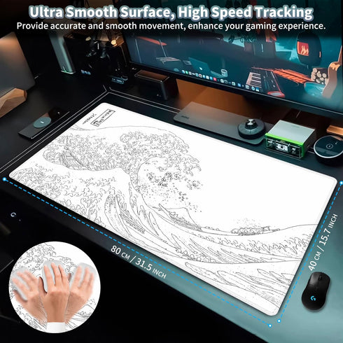 Black and White Large Mouse Pad, Japanese Sea Wave White Desk Pad for Keyboard and Mouse, 31.5" X 15.7" Computer Gaming Mouse Mat with Non-Slip Rubber Stitched Edge for Laptop Gamer by EDGFRTOIO