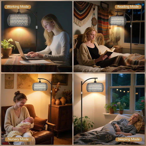 9W Bulb, Rattan Floor Lamps for Living Room, Boho Standing Lamps with Grey Rattan& Linen Double Shades, Arc Lamps Floor