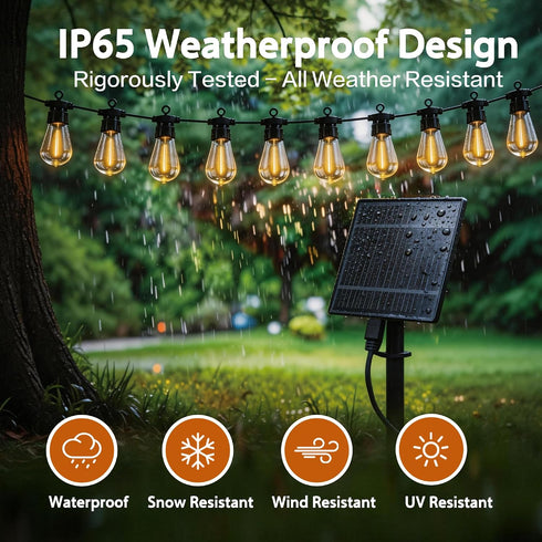 BYIZO 50FT 20 Bulbs IP65 Solar Outdoor String Lights, Waterproof Patio Lights with Solar & USB-C Dual Charging, Remote