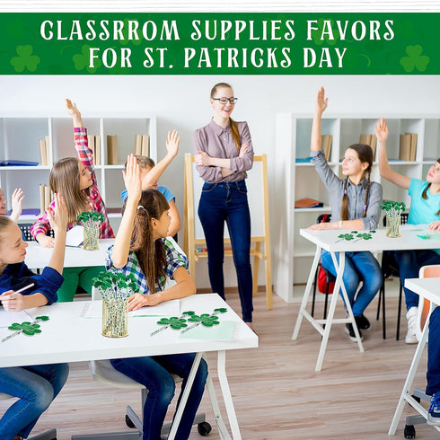 St. Patrick's Day Pencils, Shamrock Pencils with Card, Green Pencils with Greeting Cards, 100 Sets for Gifts