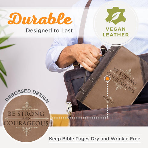 Christian Art Gifts Men's Classic Bible Cover, Be Strong and Courageous Joshua 1:9, Brown Faux Leather, Medium