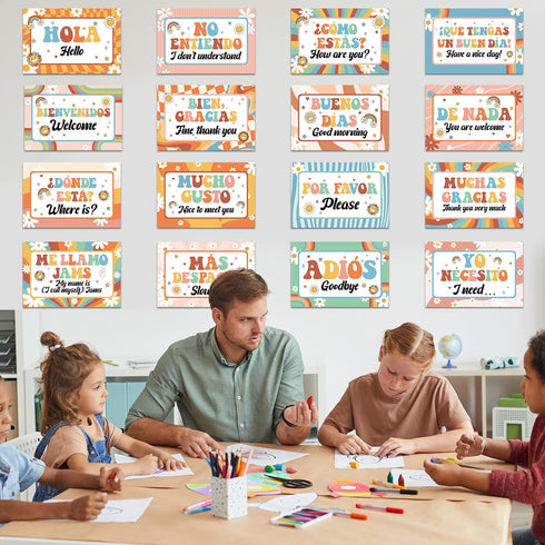 gisgfim 16 Pcs Spanish Words and Phrases Poster Set, Bulletin Board Decor for Spanish Classroom