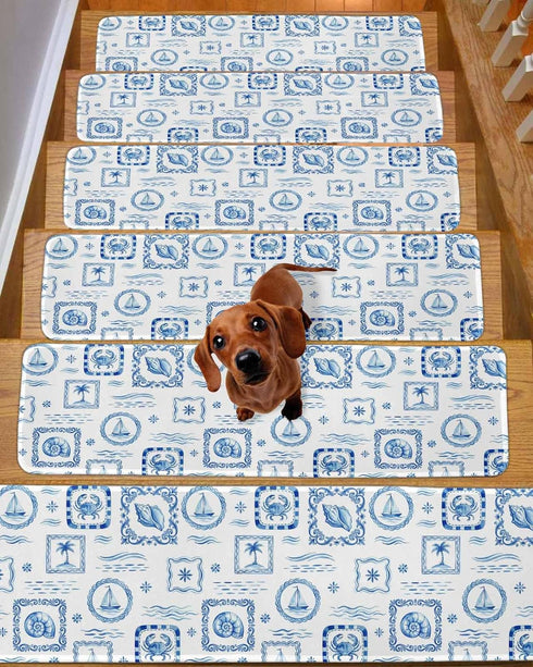 LBCASA 4 8 30 Inch Stair Treads Non Slip Indoor for Wooden Steps, Blue Nautical Ship Pcs Stair Mats for Kids Elders