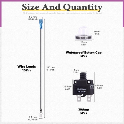 Swpeet 20Pcs 30Amp Thermal Circuit Breaker with 19cm 6.3mm Female Spade Terminals Wire Leads and Waterproof Button Caps Kit, Waterproof Push Button Reset Circuit Breaker 32V DC 125/250VAC 50/60Hz