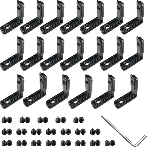 20pcs Black 2020 Series L-Shape Interior Corner Connector Joint Bracket with Screws + 1 Wrench for Aluminum Rail