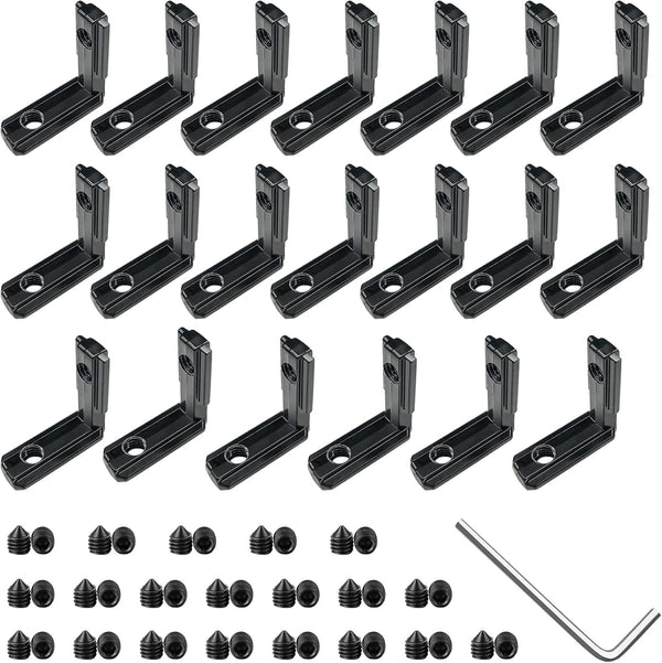 20pcs Black 2020 Series L-Shape Interior Corner Connector Joint Bracket with Screws + 1 Wrench for Aluminum Rail
