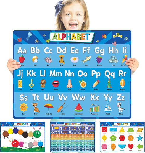 SK SUPKER 4Pack ABC Alphabet Chart + Numbers 1-100 + Shapes + Colors Poster Set, Toddler Educational Learning Posters