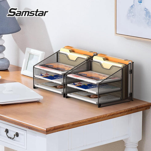 Samstar 2 Pack Mesh Desk File Organizer - Letter Tray Holder with 3 Paper Trays and 2 Vertical Sections, Black