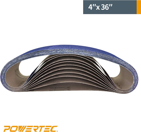 POWERTEC 4 x 36 Inch Zirconia Sanding Belts, 36 Grit for Bench Sander, Woodworking, Metal Grinding, 3PK
