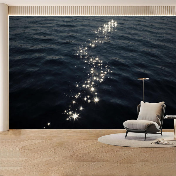 KAYOROWALLS Custom Wall Mural Wallpaper Sparkling Sea Surface Reflection Night Ocean Light Path