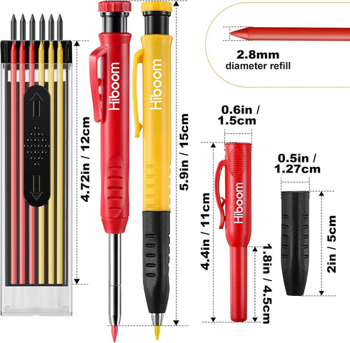 Hiboom 4 Pack Carpenter Pencils Set with 24 Refills, 2.8mm Mechanical Carpenter Pencil Built in Sharpener Woodworking Marking Tool Solid Long Nosed Deep Hole Construction Pencil by Hiboom