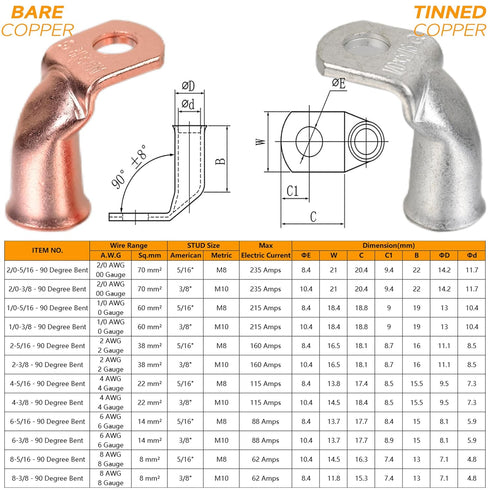 Bare Copper Cable Lugs, 10pcs 4 AWG-5/16" 90 Degree Bent Battery Lugs with 10pcs 3:1 Heat Shrink Tubing