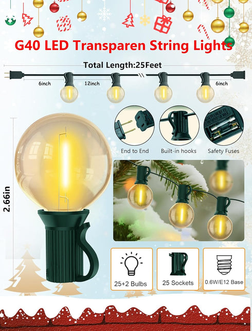 25FT G40 27 Bulbs, LED Outdoor Christmas String Lights Waterproof, Hanging Globe Patio Lights with LED Shatterproof