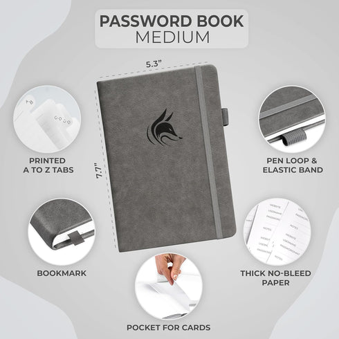 Clever Fox Password Book with Alphabetical Tabs, Internet Address Organizer Logbook, Medium Password Keeper for Website