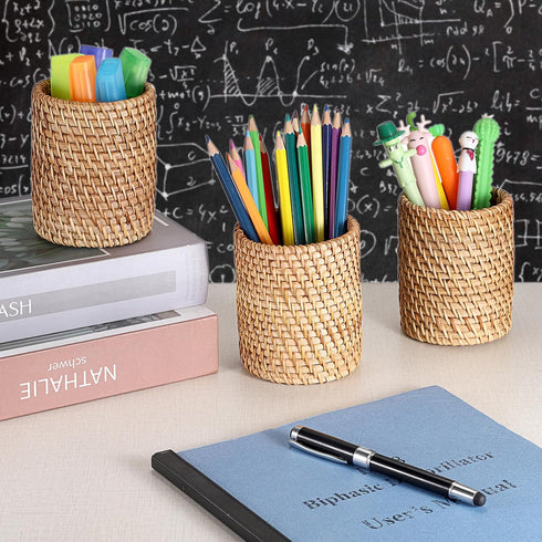 BTSKY 3 Pack Rattan Pen Cup, Handmade Desk Pencil Holders, Multi-Functional Woven Basket Organizer