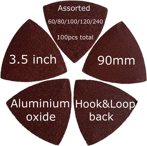 100 Pcs 3-1/2 Inch Triangular Sandpaper, 60/80/100/120/240 Grits, Hook & Loop for Wood Sanding, Fit 3.5 Inch Multi Tool