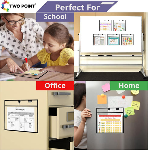 Magnetic Dry Erase Pockets by Two Point (6-Pack) - Black Dry Erase Pocket Sleeves, Job Shop Ticket Holders, Magnetic