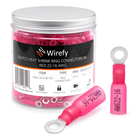 Wirefy 150 PCS Heat Shrink Ring Terminals #6, Resistant Ring Connectors, Eyelet Wire Connectors, Red 22-16 AWG