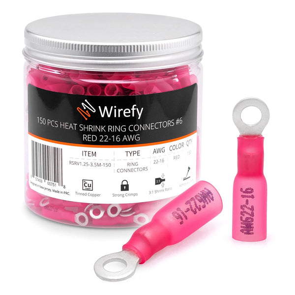 Wirefy 150 PCS Heat Shrink Ring Terminals #6, Resistant Ring Connectors, Eyelet Wire Connectors, Red 22-16 AWG