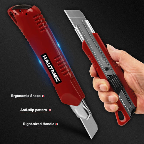 HAUTMEC 25mm Heavy-Duty Utility Knife, Snap-off Box Cutter with 3 Sharp Blades, Auto-lock Mechanism, HT0080-KN