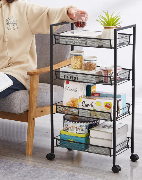 crkmire 4 Tier Metal Rolling Cart, Utility Storage Cart with Wheels and Handle Mobile Book Art Snack Diaper Baby