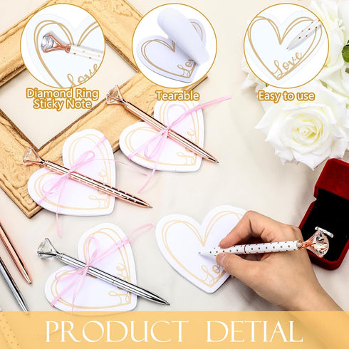 Fuutreo 24 Pack Heart Shape Sticky Notes Set with Big Diamond Pens, Memo Pad for Wedding, Crystal Metal Ballpoint Pens