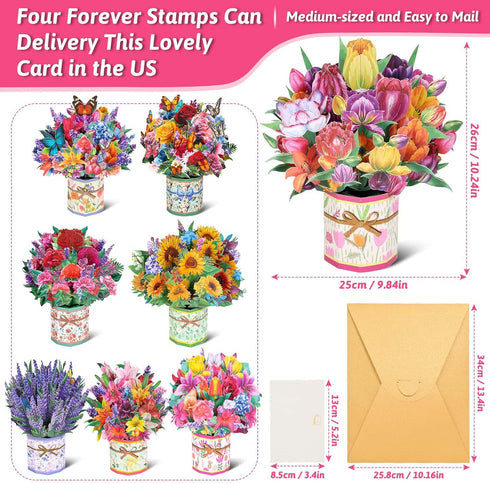 8 Pack 3D Paper Flower Pop Up Cards, Flower Bouquet Card Popup Greeting Cards for Mother's Day, Graduation