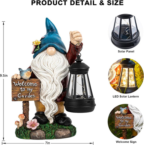ZQQLITE Garden Gnome Statues Figurine Lights - Solar Powered Lighting Outdoor Decorations with Lantern & Welcome Sign