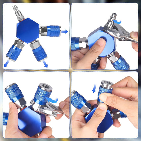 Connect Fittings Air Splitter, 1/4 Inch NPT 3-Way Manifold with 3 Brass Quick Couplers & Plug, Hex Style Hose