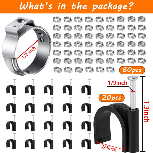 80PCS 1/2inch Stainless Steel Pex Cinch Clamp Rings plus 3/4inch Half Clamp J-Hook with Nails for Pex Tubing Pipe