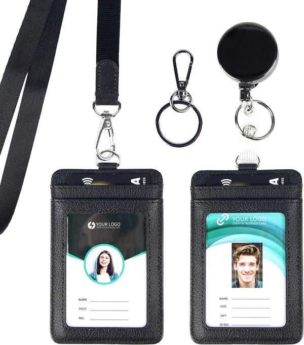 ID Badge Holder with Two ID Windows, 2 Pack Vertical PU Leather Card Holder with Retractable Reel & Lanyard