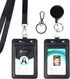 ID Badge Holder with Two ID Windows, 2 Pack Vertical PU Leather Card Holder with Retractable Reel & Lanyard