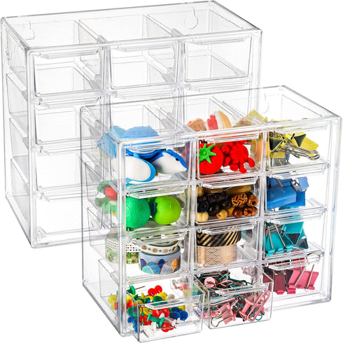 YOUEON 2 Pack Mini Desk Organizer, Clear Plastic Drawer Storage Box with 12 Removable Drawers for Crafts