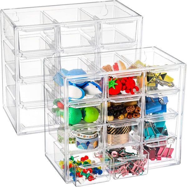 YOUEON 2 Pack Mini Desk Organizer, Clear Plastic Drawer Storage Box with 12 Removable Drawers for Crafts