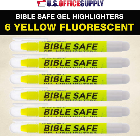 U.S. Office Supply Bible Safe Highlighter Set of 6, Yellow Fluorescent Markers, No Bleed, Fade or Smear, Safe Gel