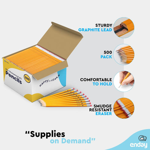 Enday #2 Pencils Bulk - 500 Pack, Pre-Sharpened Wood-Cased Yellow Pencils with Latex-Free Eraser Top