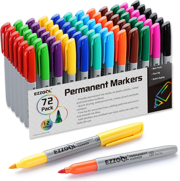 Ezzgol Permanent Markers Bulk, Permanent Marker Bulk Pack of 72, 12 Assorted