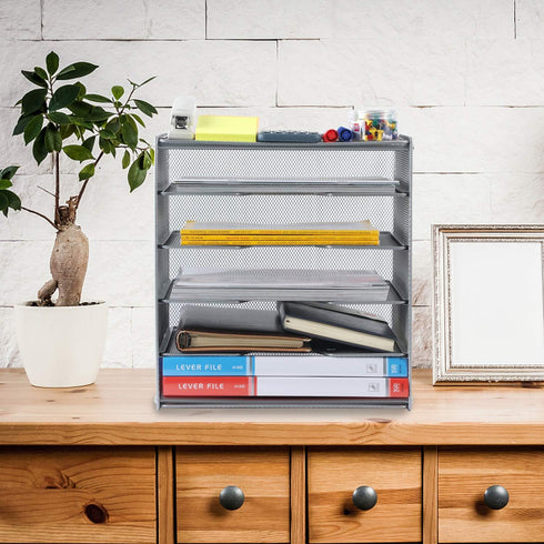 Samstar Metal Desk File Organizer, 5 Tier Shelf and Sorter, Silver
