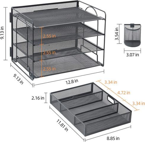 Marbrasse 4-Trays Desktop File Organizer with Pen Holder | Paper Letter Tray with Drawer and 2 Pen Holders