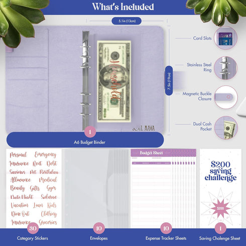 SOUL MAMA Budget Binder with Cash Envelopes - Purple Money Organizer for Cash, A6 Binder Cash Envelopes for Budgeting, Money Saving Binder with Rose Gold Stickers by SOUL MAMA